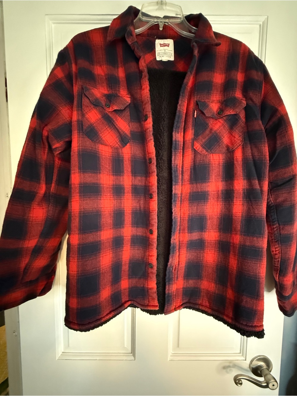 Levi's Red and Black Plaid Sherpa-Lined Flannel Shirt Jacket